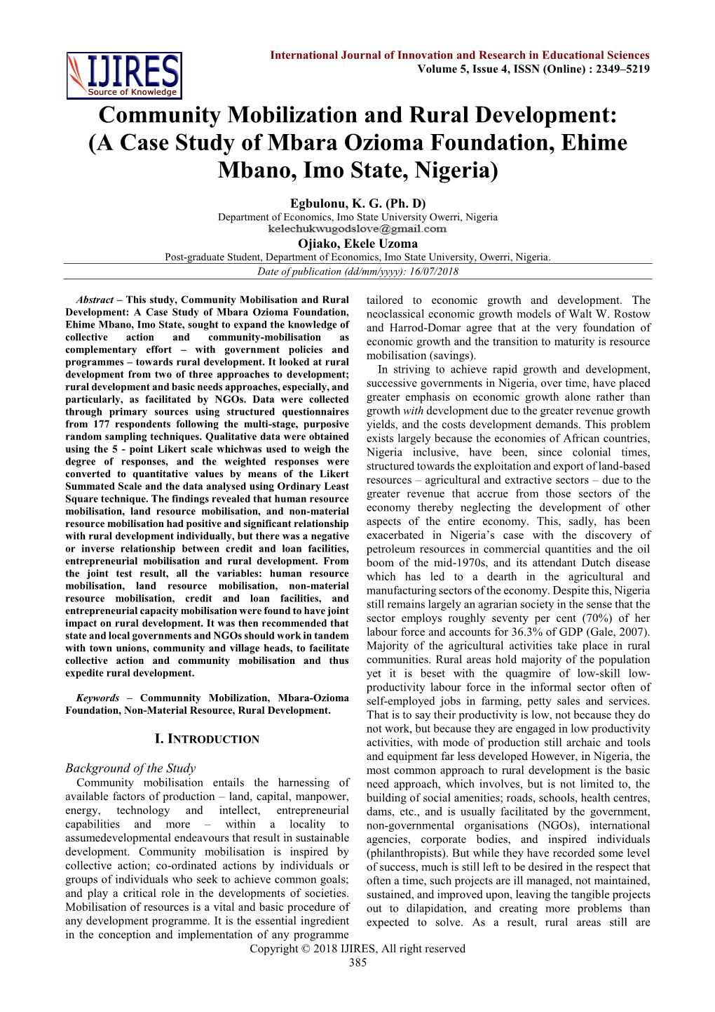 A Case Study of Mbara Ozioma Foundation, Ehime Mbano, Imo State, Nigeria)