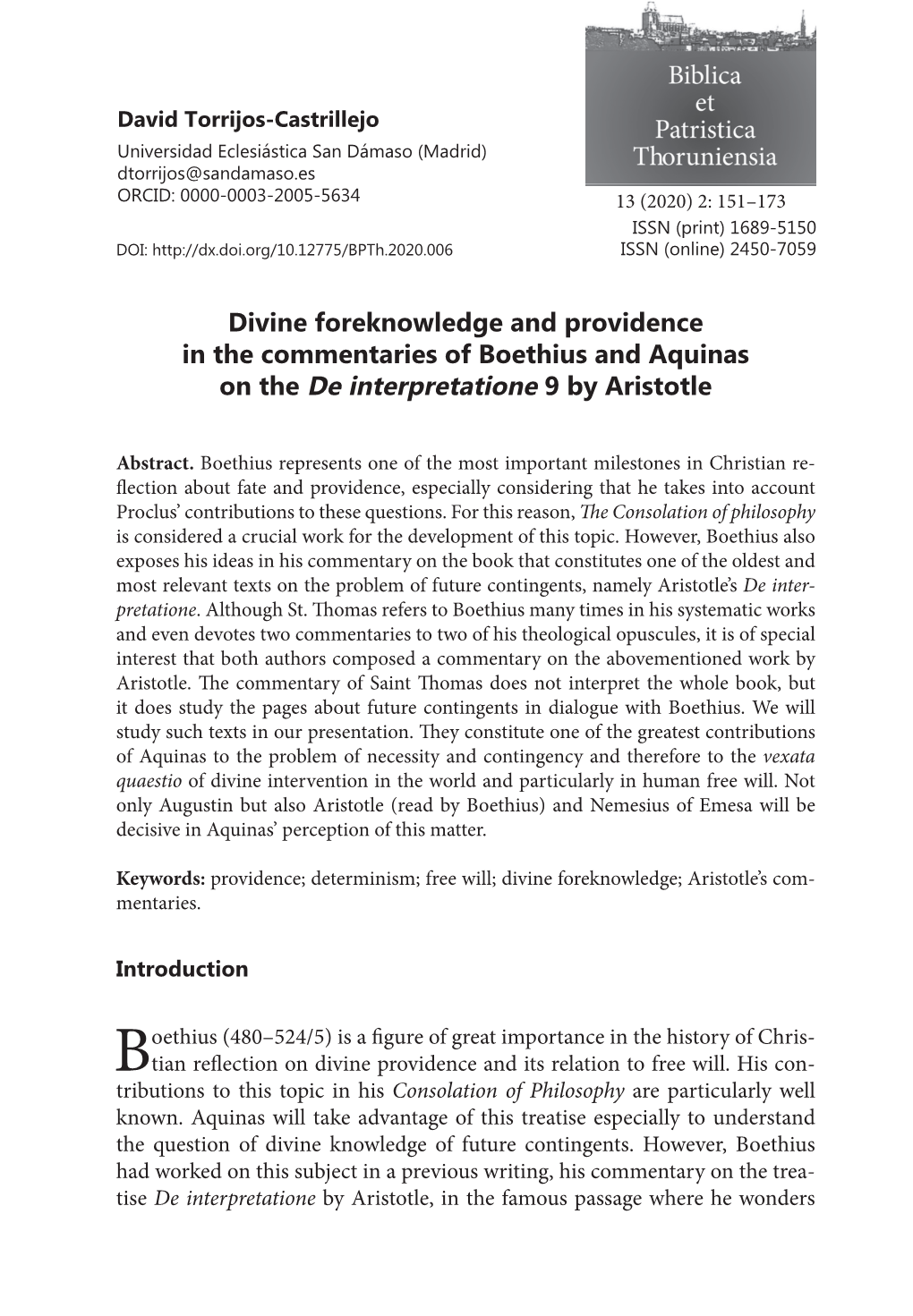 Divine Foreknowledge and Providence in the Commentaries of Boethius and Aquinas on the De Interpretatione 9 by Aristotle