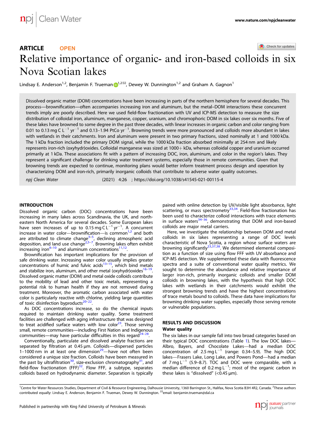 Relative Importance of Organic- and Iron-Based Colloids in Six Nova Scotian Lakes ✉ Lindsay E