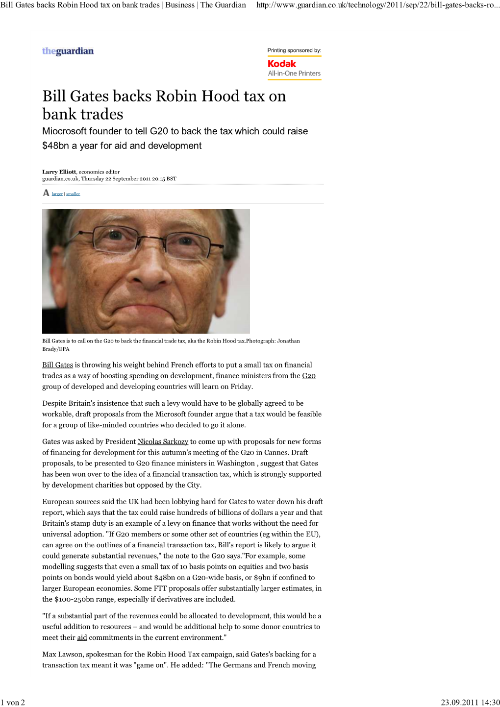 Bill Gates Backs Robin Hood Tax on Bank Trades | Business | the Guardian