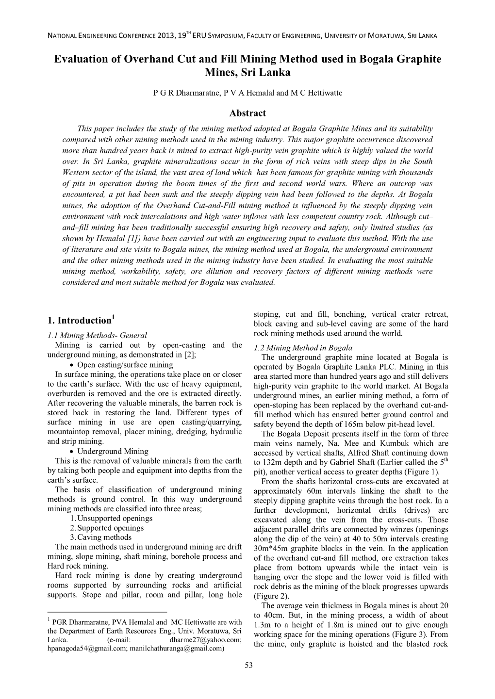 Evaluation of Overhand Cut and Fill Mining Method Used in Bogala Graphite Mines, Sri Lanka