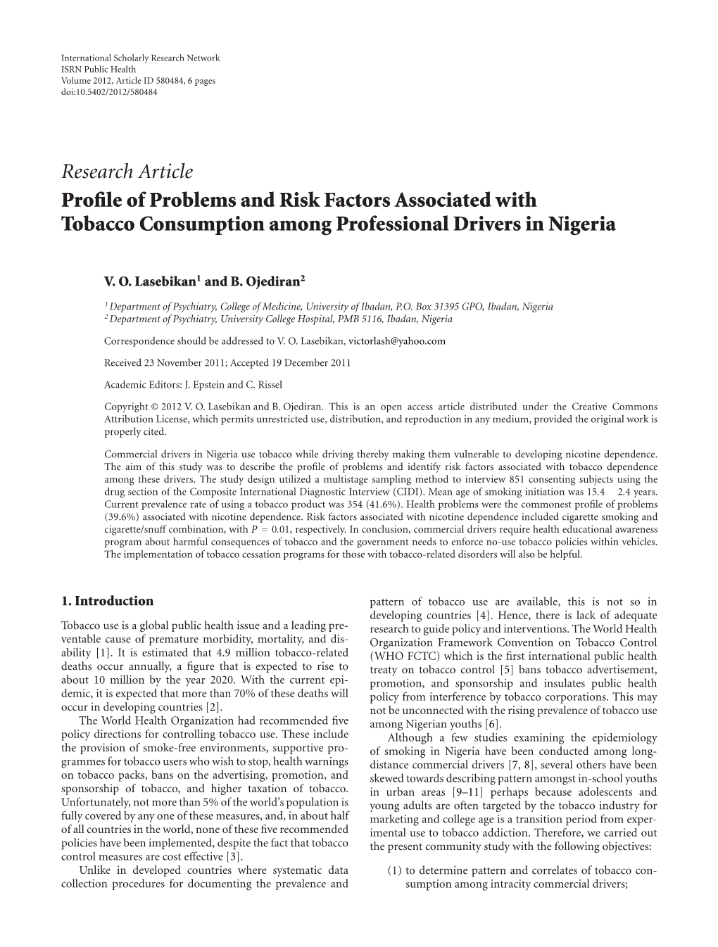 Profile of Problems and Risk Factors Associated with Tobacco