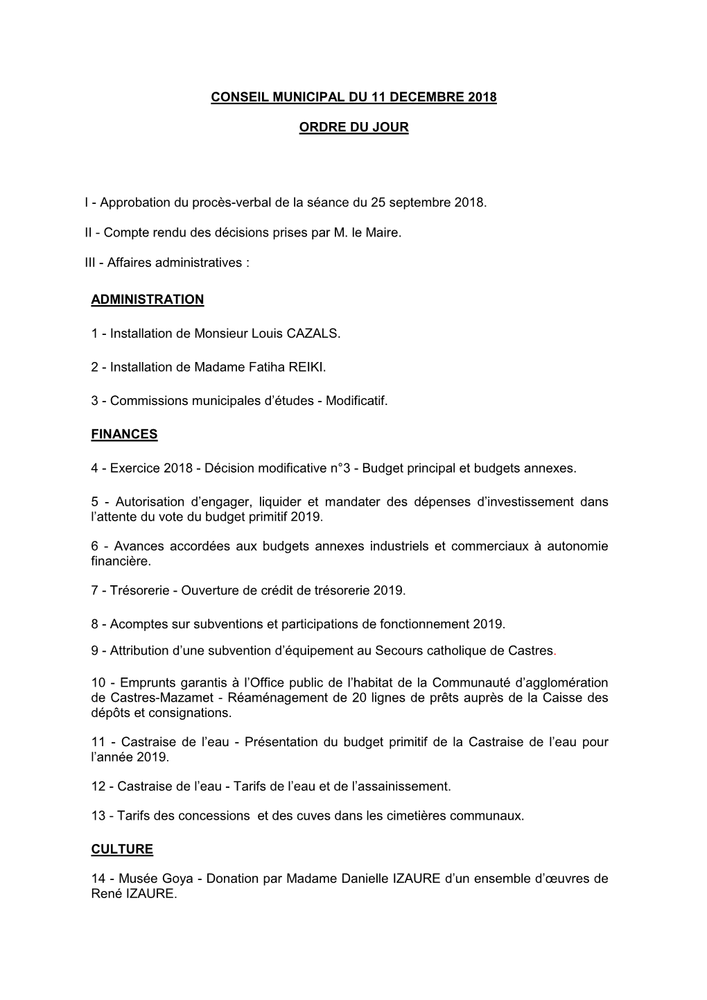 Conseil Municipal Du 11 Decembre 2018