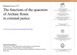 The Functions of the Quaestors of Archaic Rome in Criminal Justice // Diritto@Storia