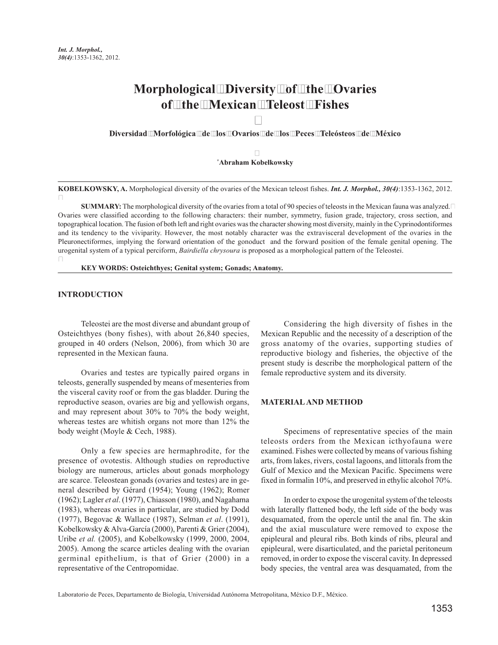 Morphological Diversity of the Ovaries of the Mexican Teleost Fishes