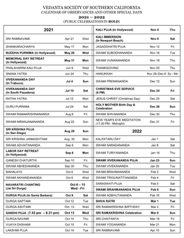 Calendar of Observances 2021–2022