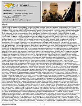 Lack of an Incubator Artical Name : Obstacles to the Islamic State's Expansion in Yemen Artical Subject : 23/01/2017 Publish D