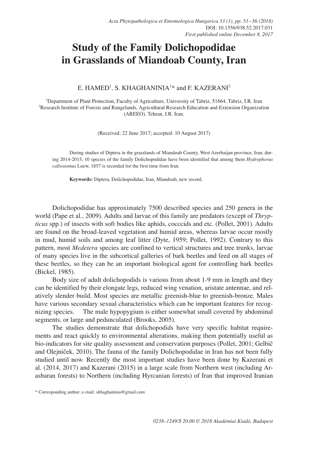 Study of the Family Dolichopodidae in Grasslands of Miandoab County, Iran