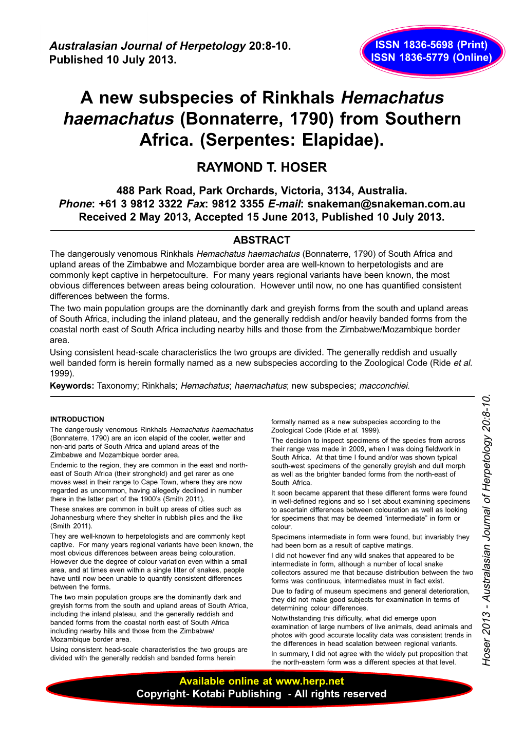 A New Subspecies of Rinkhals Hemachatus Haemachatus (Bonnaterre, 1790) from Southern Africa