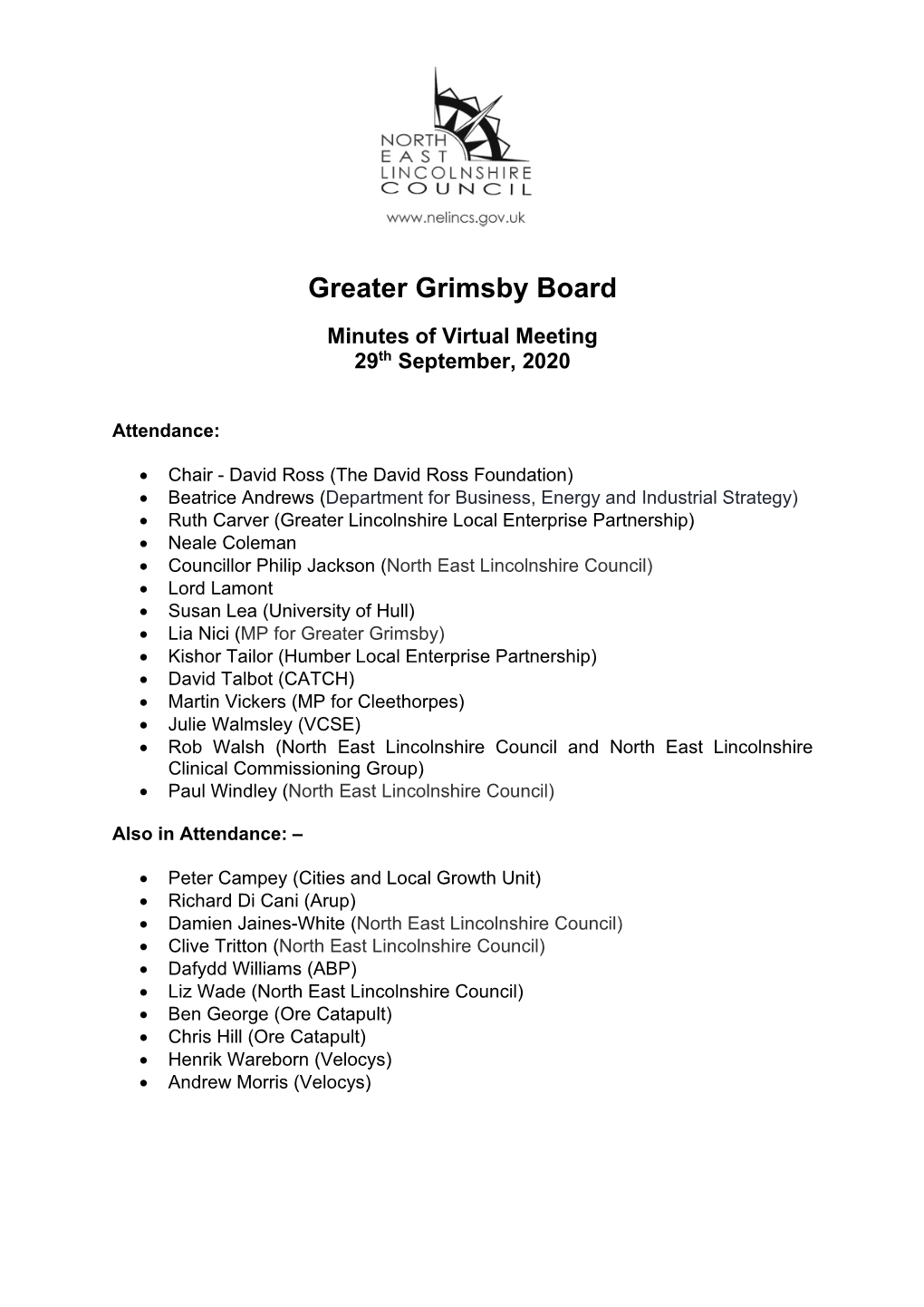 Greater Grimsby Project Board Draft Minutes 29 September 2020