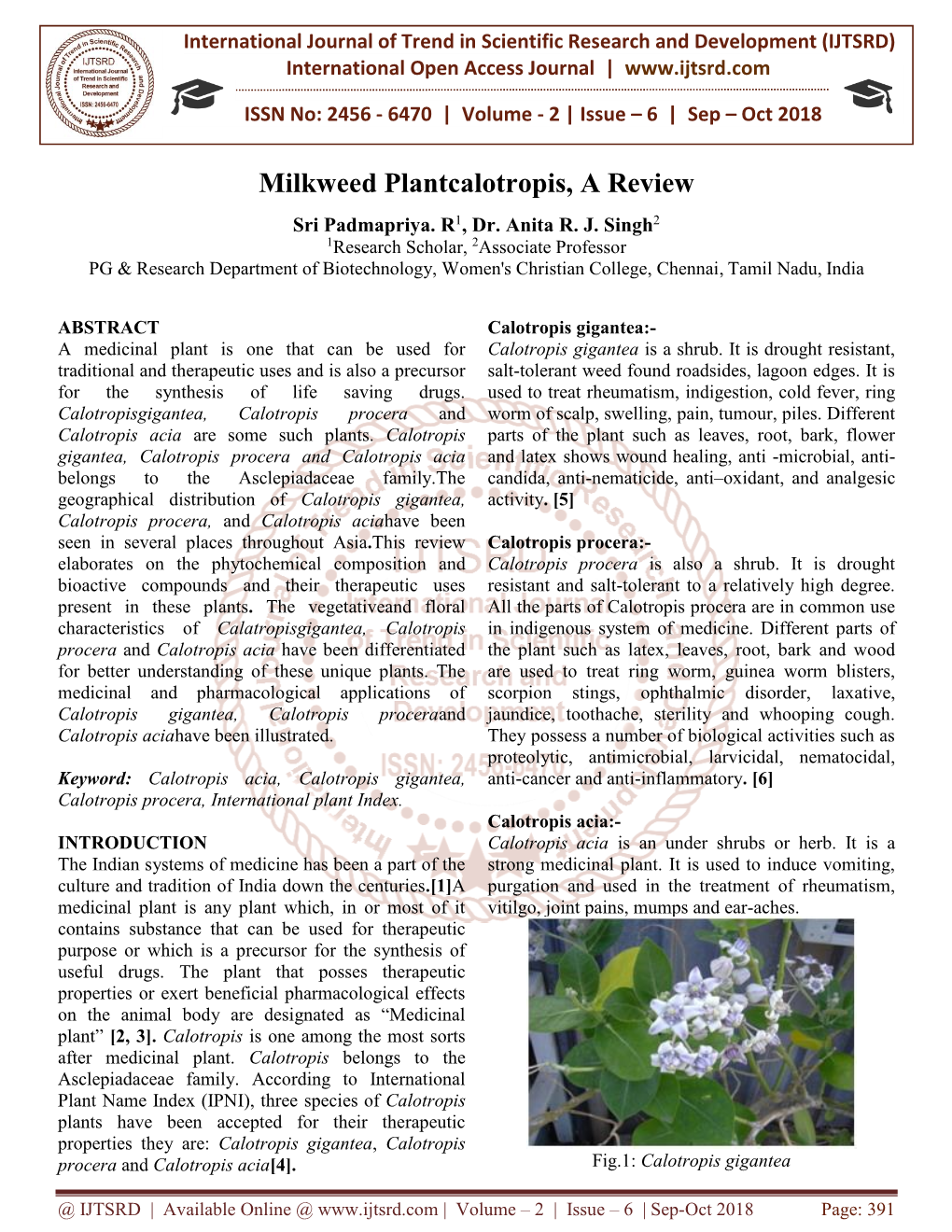 Milkweed Plantcalotropis, a Review