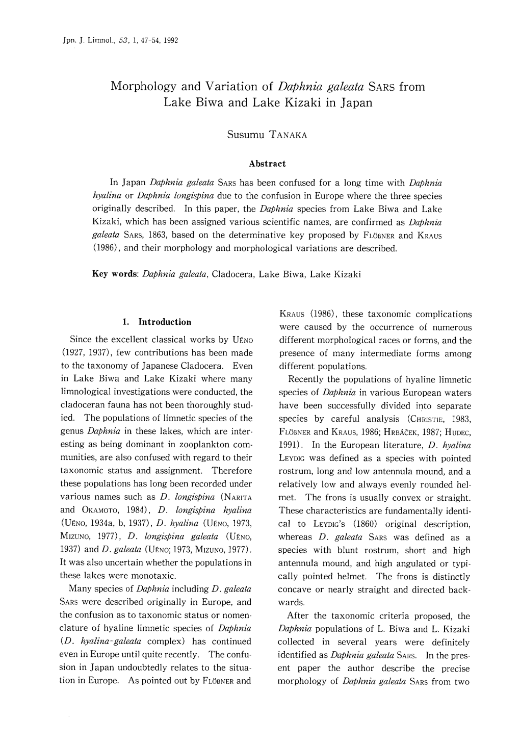 Morphology and Variation of Daphnia Galeata SARS from Lake Biwa and Lake Kizaki in Japan