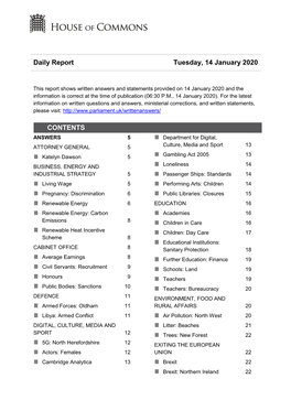Daily Report Tuesday, 14 January 2020 CONTENTS