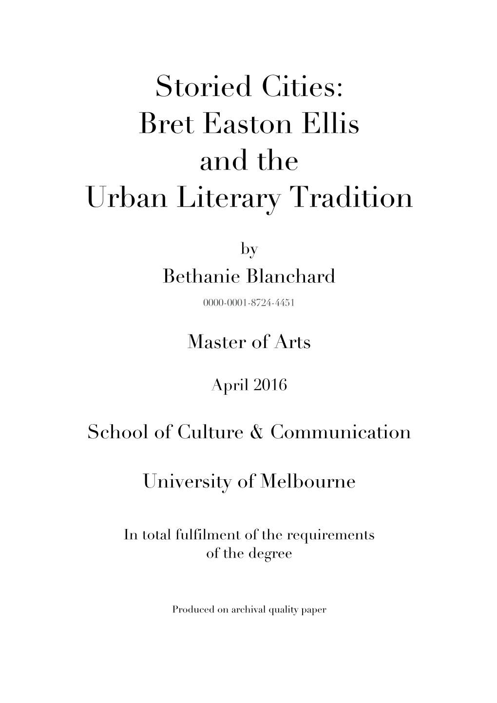 Bret Easton Ellis and the Urban Literary Tradition