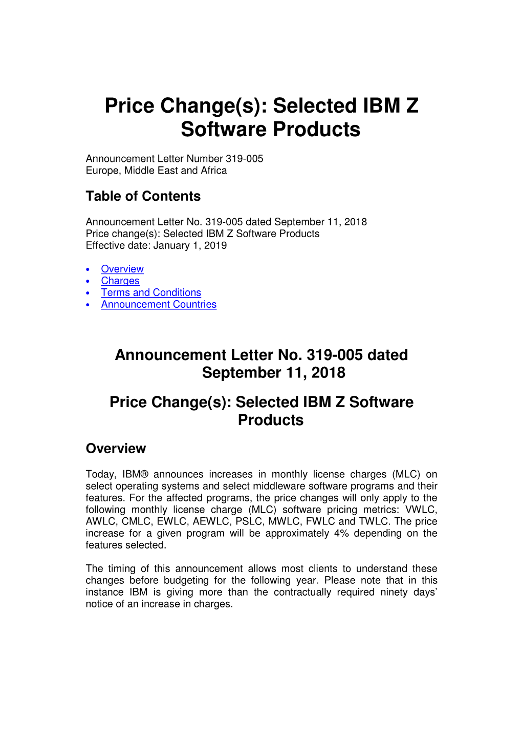 Price Change(S): Selected IBM Z Software Products