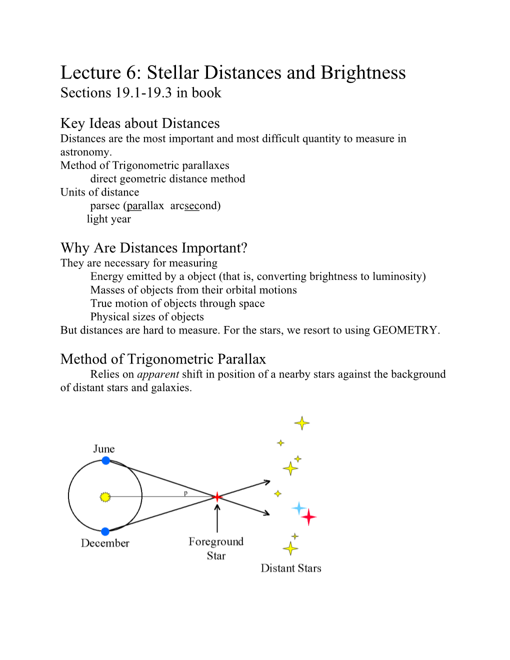 Lecture 6: Stellar Distances and Brightness Sections 19.1-19.3 in Book