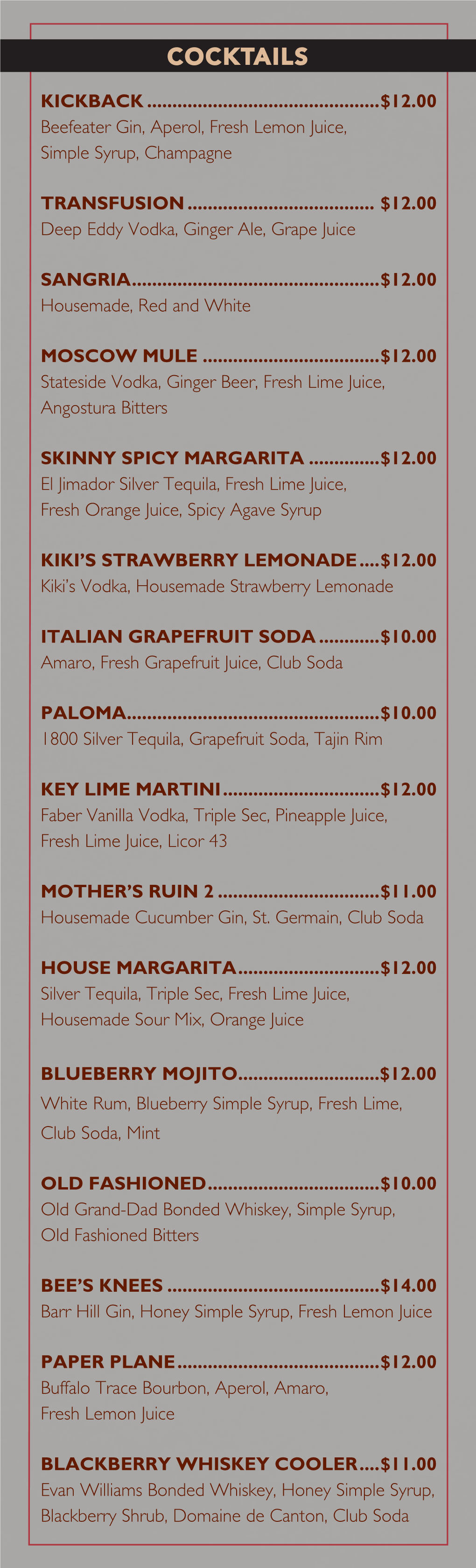 Download Cocktails & Spirits Menu