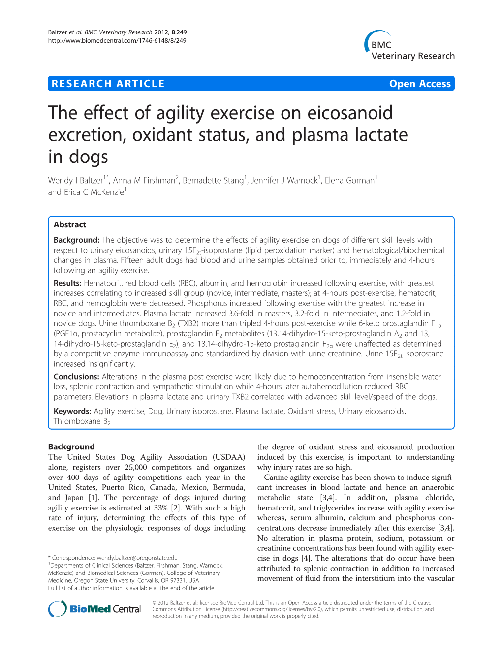 The Effect of Agility Exercise on Eicosanoid Excretion, Oxidant Status, and Plasma Lactate in Dogs