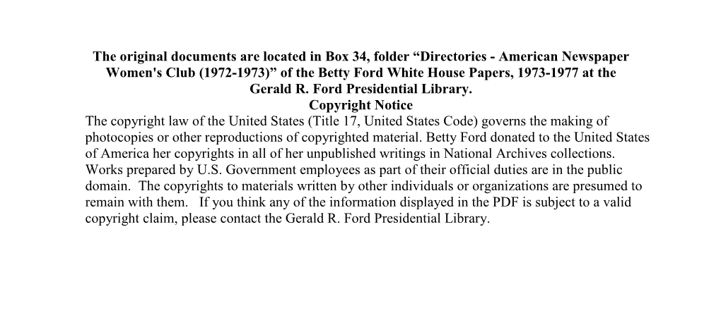 American Newspaper Women's Club (1972-1973)” of the Betty Ford White House Papers, 1973-1977 at the Gerald R