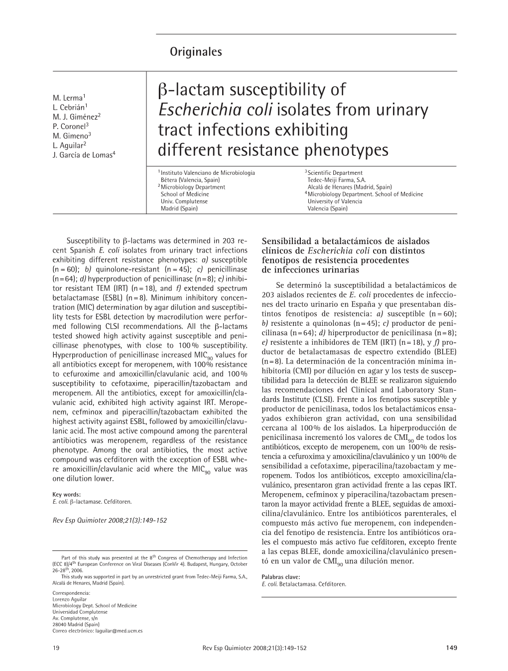 Β-Lactam Susceptibility of Escherichia Coli Isolates from Urinary Tract Infections Exhibiting Different Resistance Phenotypes
