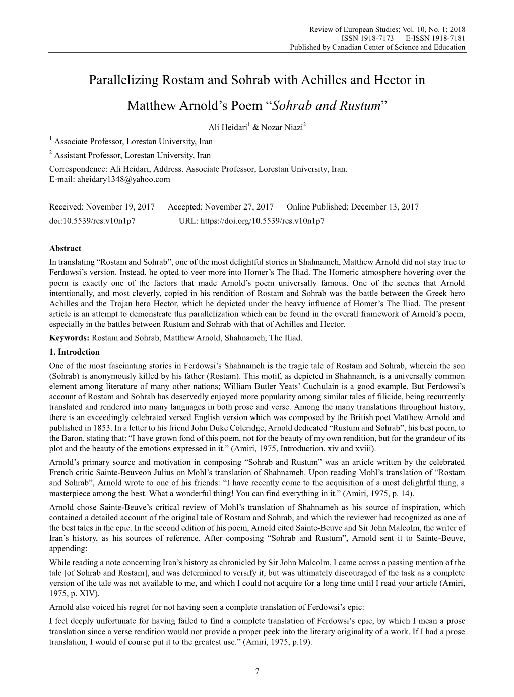 Parallelizing Rostam and Sohrab with Achilles and Hector in Matthew Arnold’S Poem “Sohrab and Rustum”