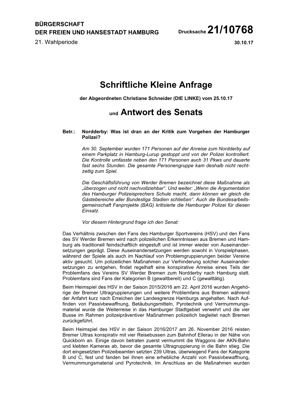 Schriftliche Kleine Anfrage Und Antwort Des Senats