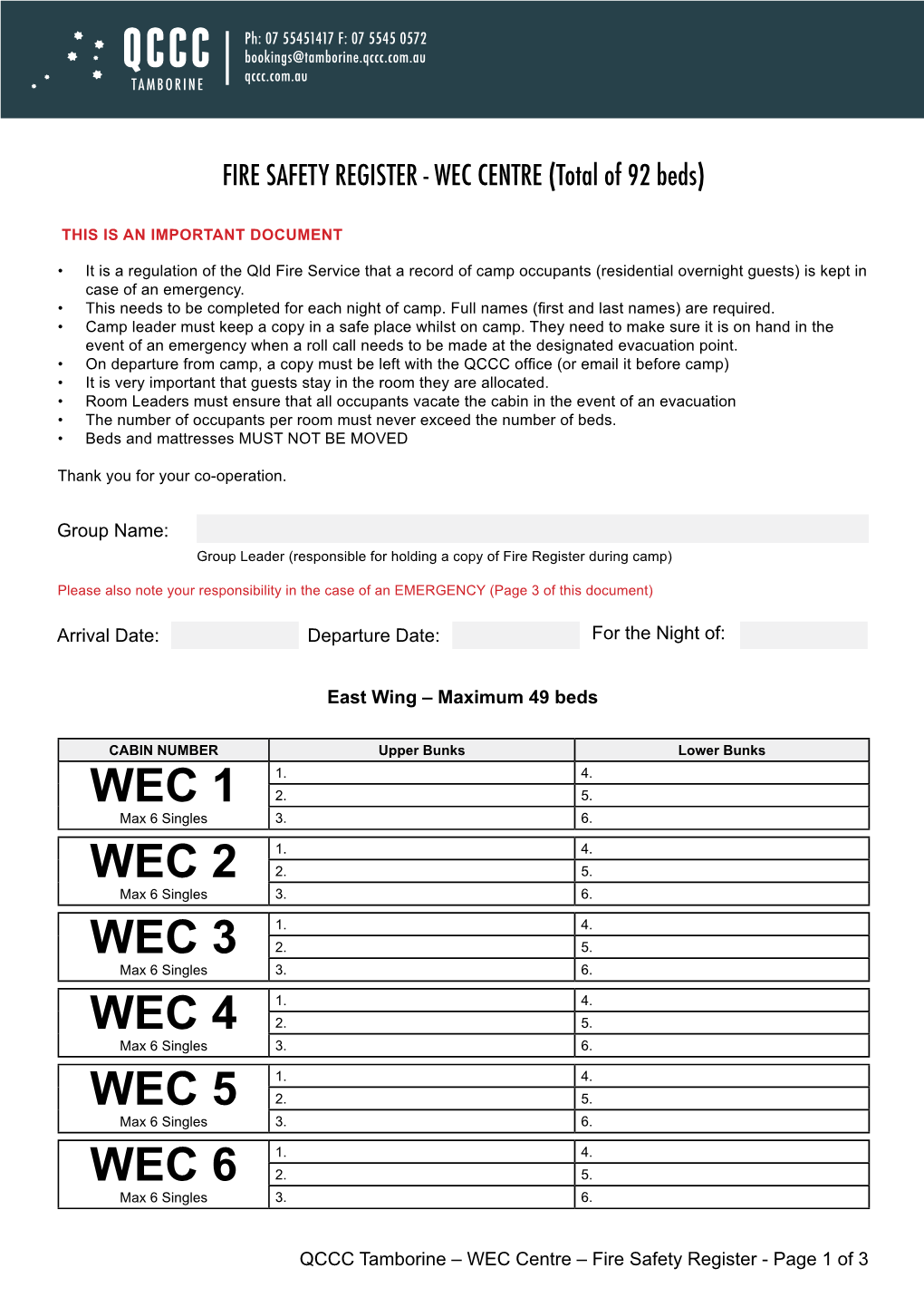 Fire Safety Register Wec Centre