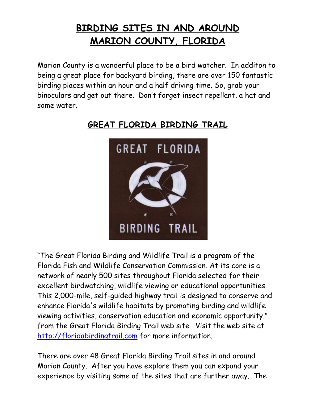 Birding Sites in and Around Marion County, Florida