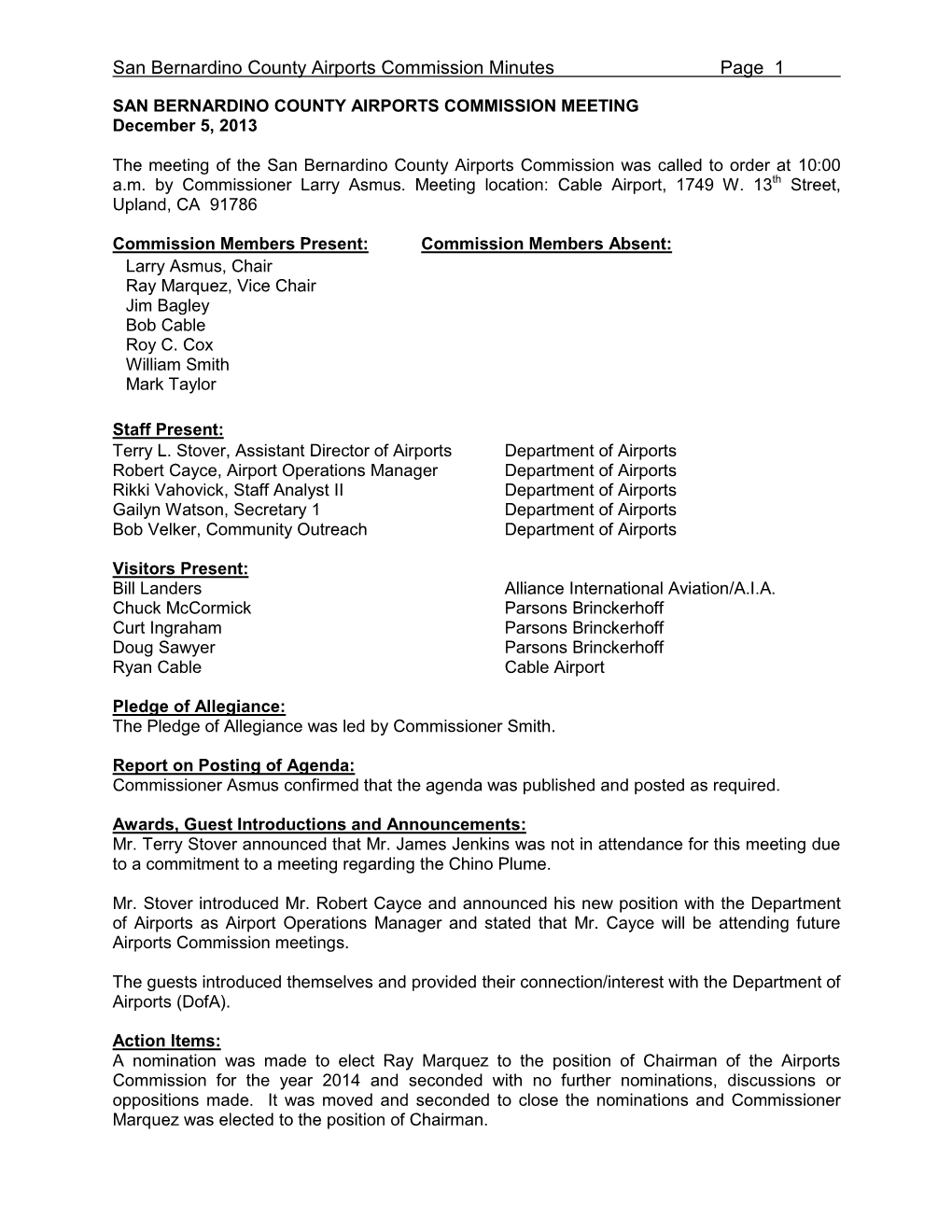 San Bernardino County Airports Commission Minutes Page 1