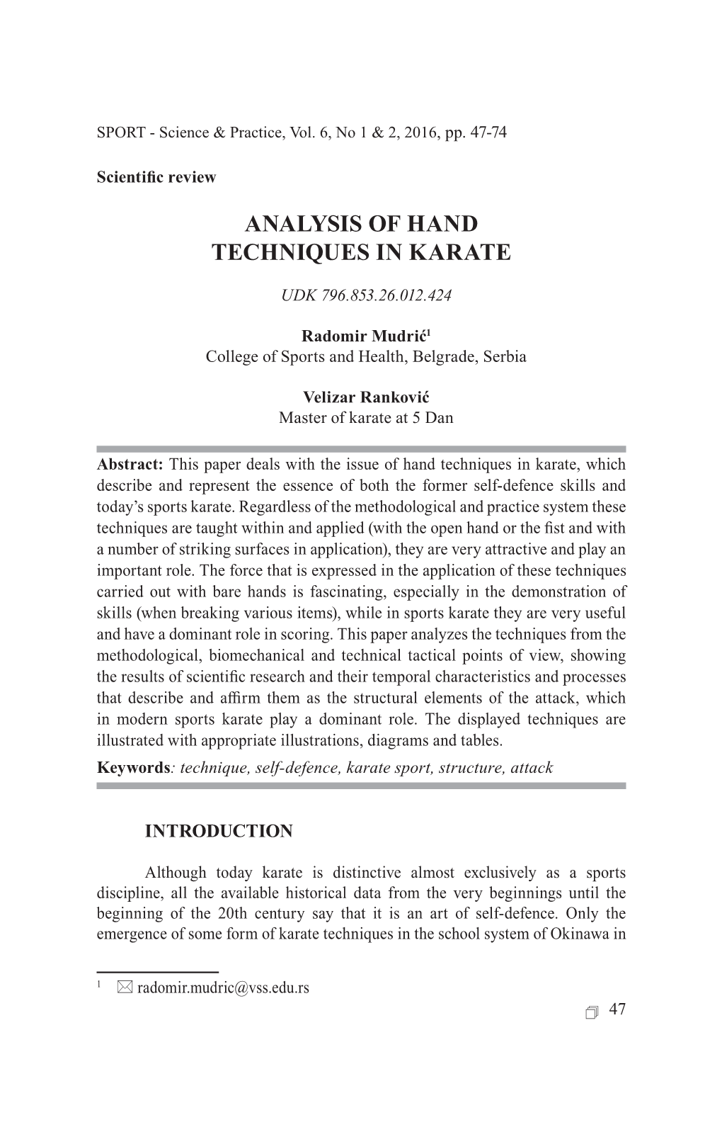 Analysis of Hand Techniques in Karate