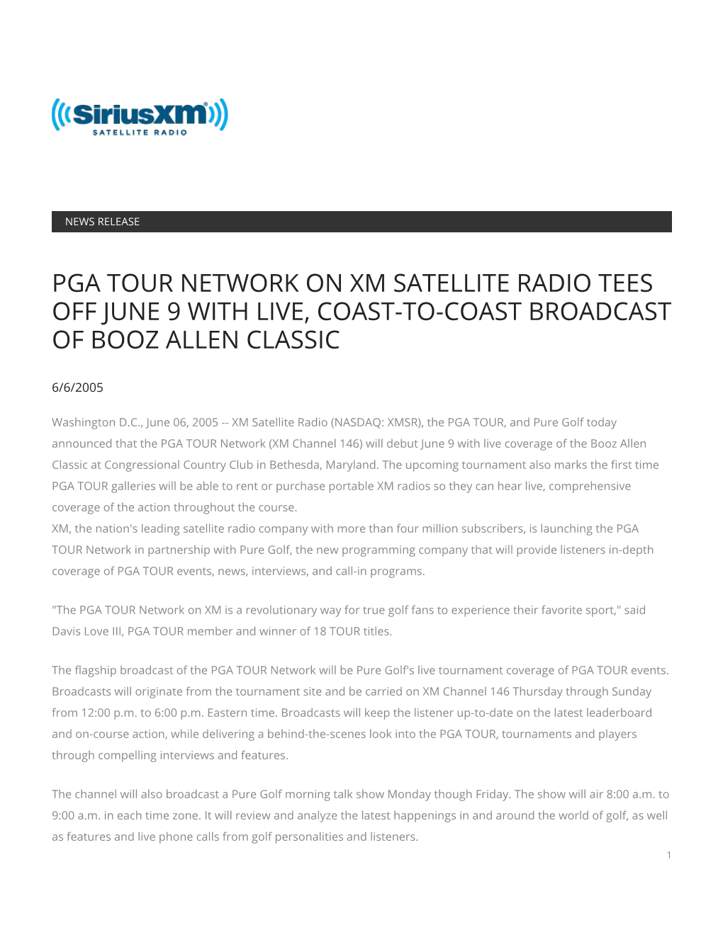 Pga Tour Network on Xm Satellite Radio Tees Off June 9 with Live, Coast-To-Coast Broadcast of Booz Allen Classic