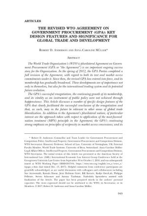 The Revised Wto Agreement on Government Procurement (Gpa): Key Design Features and Significance for Global Trade and Development