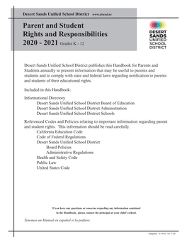 Parent and Student Rights and Responsibilities 2020 - 2021 Grades K - 12
