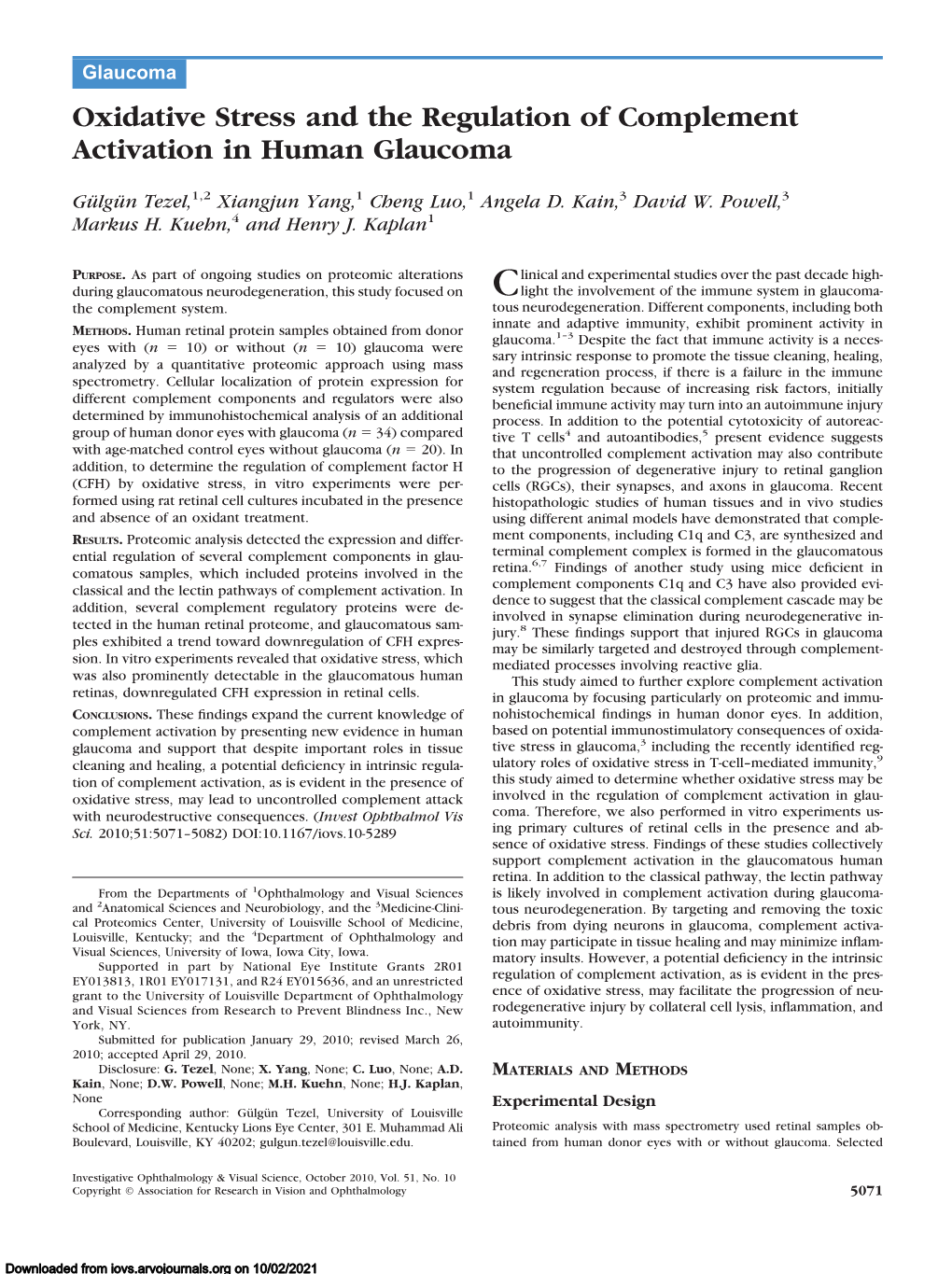 Oxidative Stress and the Regulation of Complement Activation in Human Glaucoma