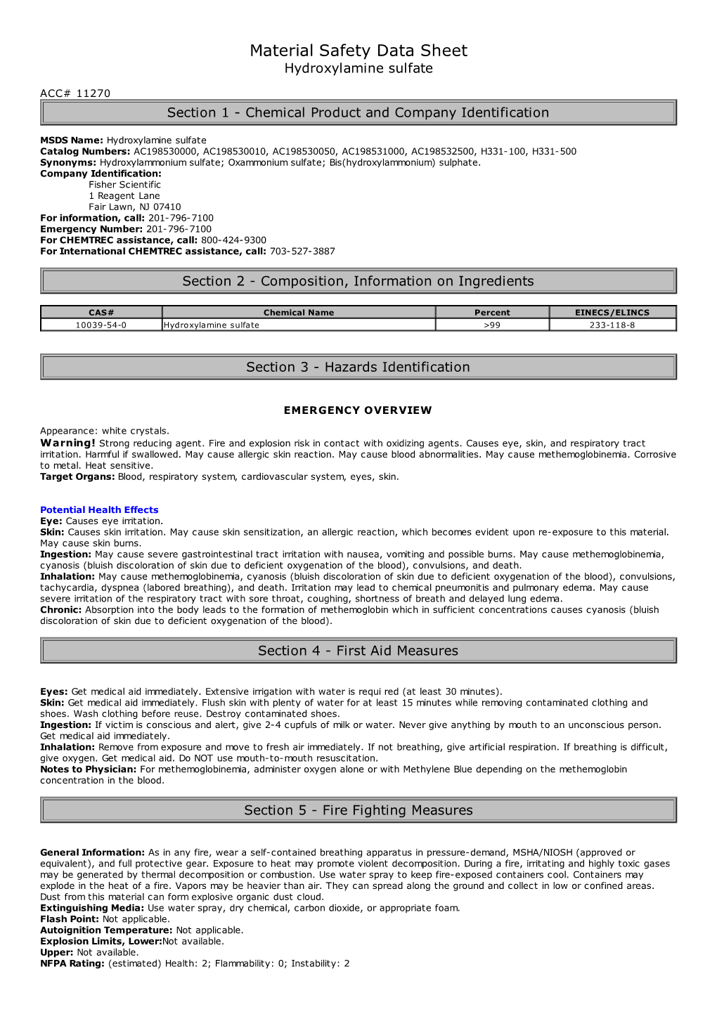 Material Safety Data Sheet Hydroxylamine Sulfate ACC# 11270 Section 1 - Chemical Product and Company Identification
