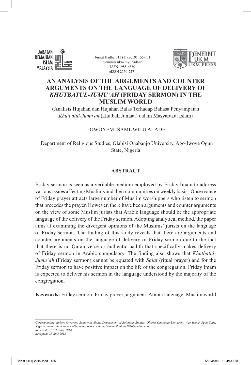 FRIDAY SERMON) in the MUSLIM WORLD (Analisis Hujahan Dan Hujahan Balas Terhadap Bahasa Penyampaian Khutbatul-Jumu'ah (Khutbah Jumaat) Dalam Masyarakat Islam