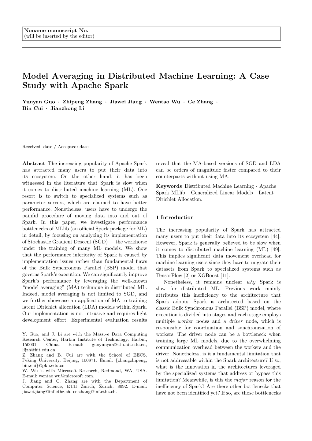 Model Averaging in Distributed Machine Learning: a Case Study with Apache Spark