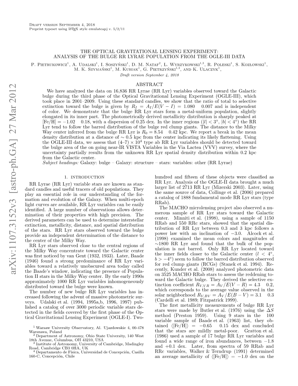 Arxiv:1107.3152V3 [Astro-Ph.GA] 27 Mar 2012 Etdi H Ed Oee Yteﬁs Hs Fteop- the of Phase Two- De- ﬁrst (OGLE-I)