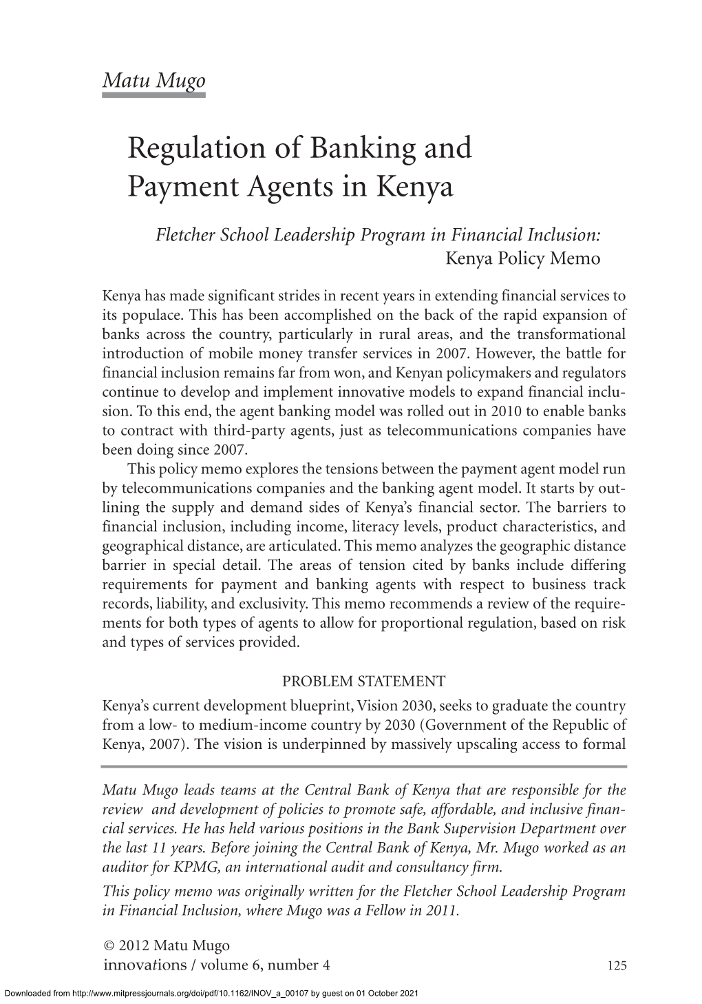 Regulation of Banking and Payment Agents in Kenya