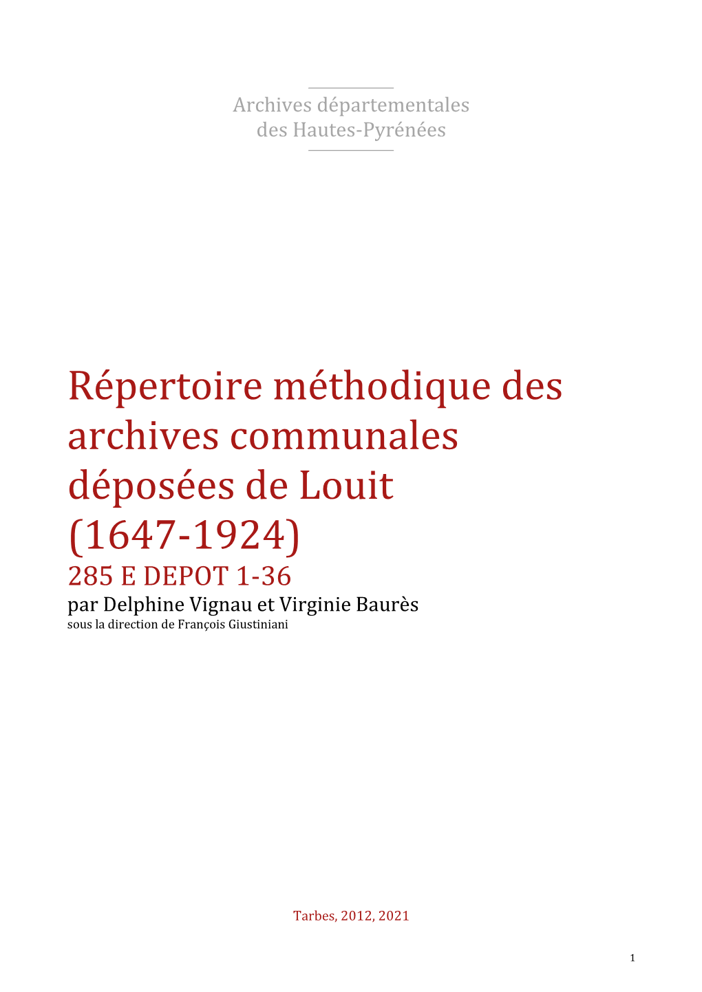 Répertoire Des Archives Déposées De Louit