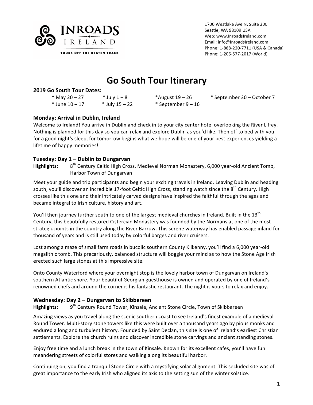 Go South Tour Itinerary