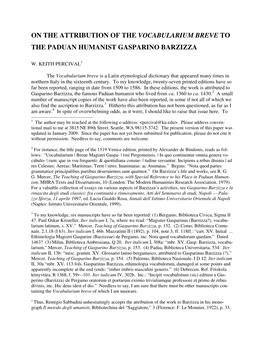 On the Attribution of the Vocabularium Breve to the Paduan Humanist Gasparino Barzizza