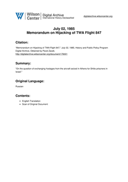 July 02, 1985 Memorandum on Hijacking of TWA Flight 847