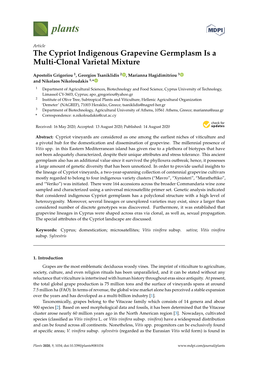 The Cypriot Indigenous Grapevine Germplasm Is a Multi-Clonal Varietal Mixture