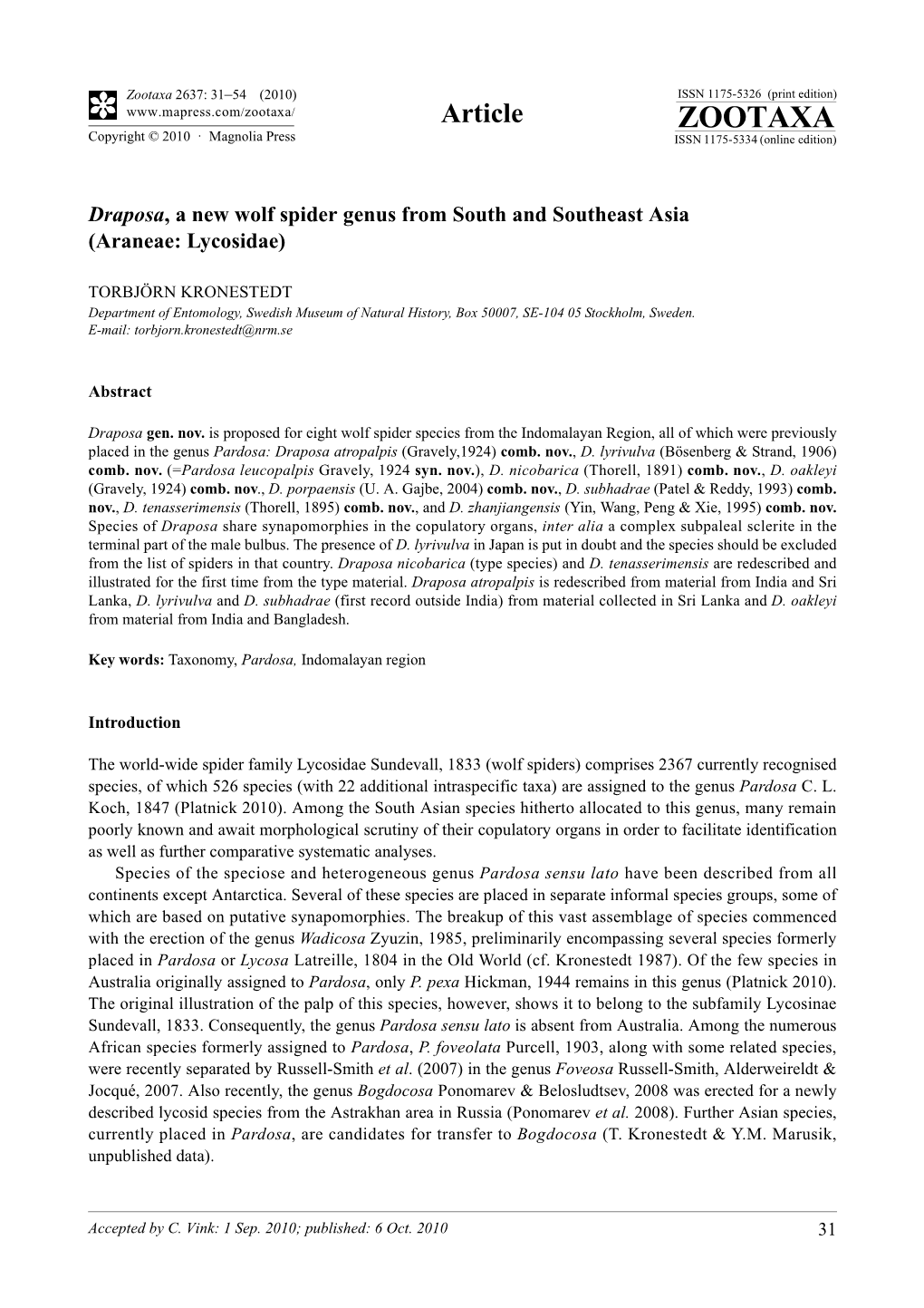 Zootaxa, Draposa, a New Wolf Spider Genus from South and Southeast