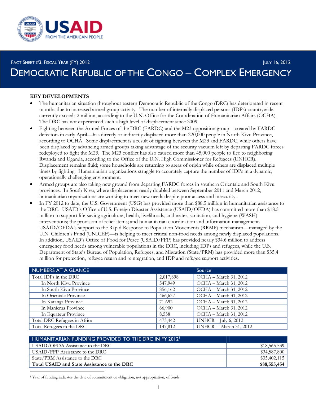 Democratic Republic of Congo Fact Sheet #3 07/16/2012