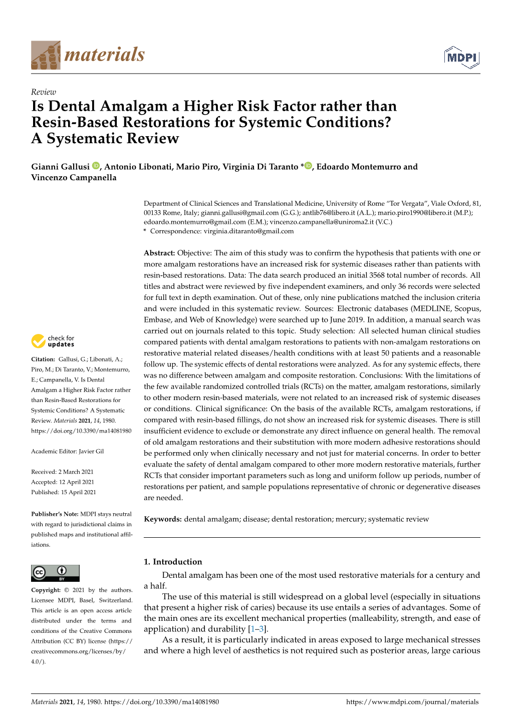 Is Dental Amalgam a Higher Risk Factor Rather Than Resin-Based Restorations for Systemic Conditions? a Systematic Review