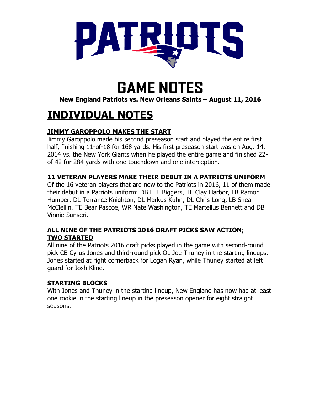 Patriots at Philadelphia Game Notes