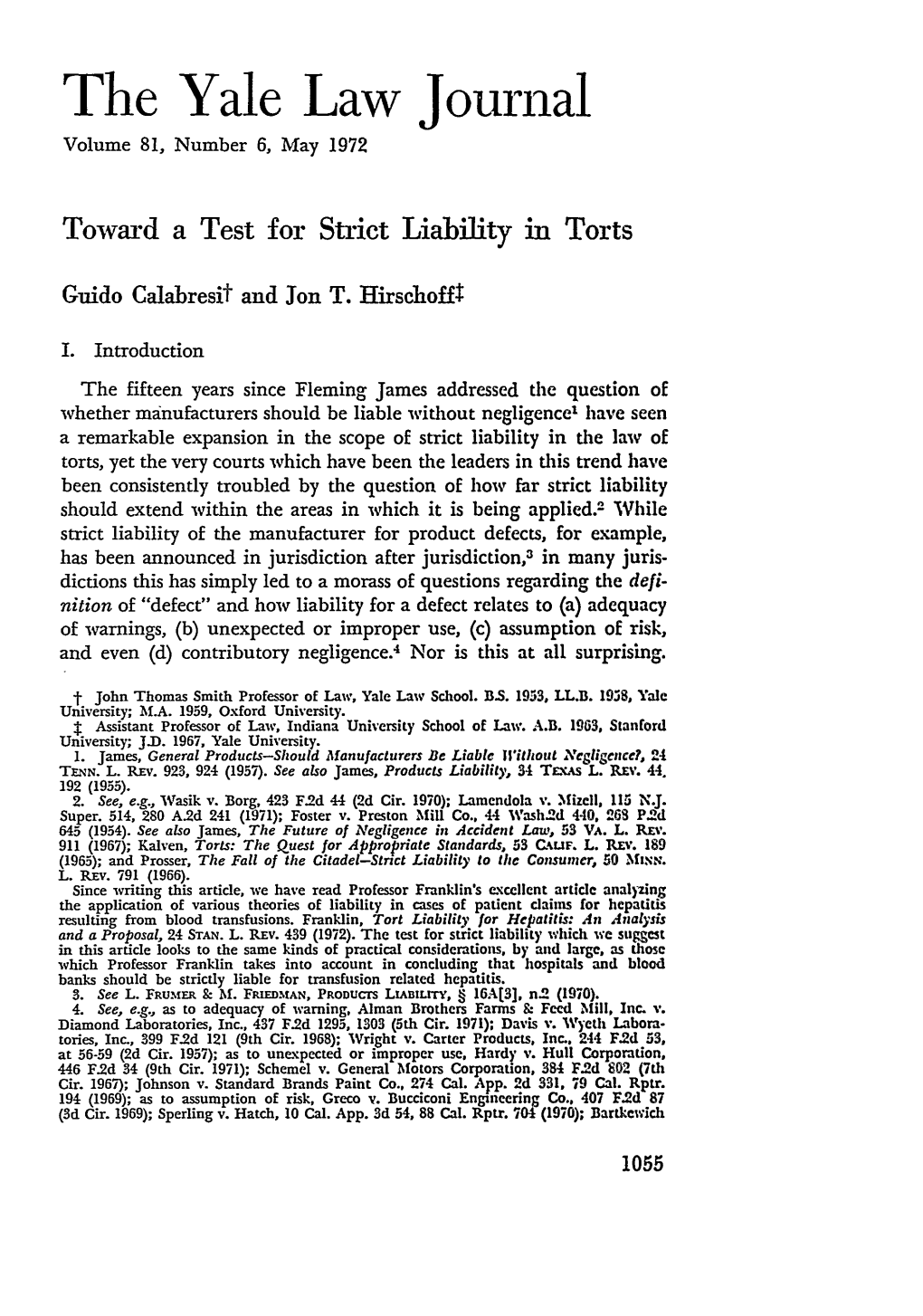 Toward a Test for Strict Liability in Torts