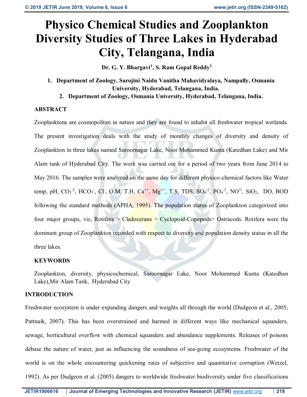 Physico Chemical Studies and Zooplankton Diversity Studies of Three Lakes in Hyderabad City, Telangana, India Dr